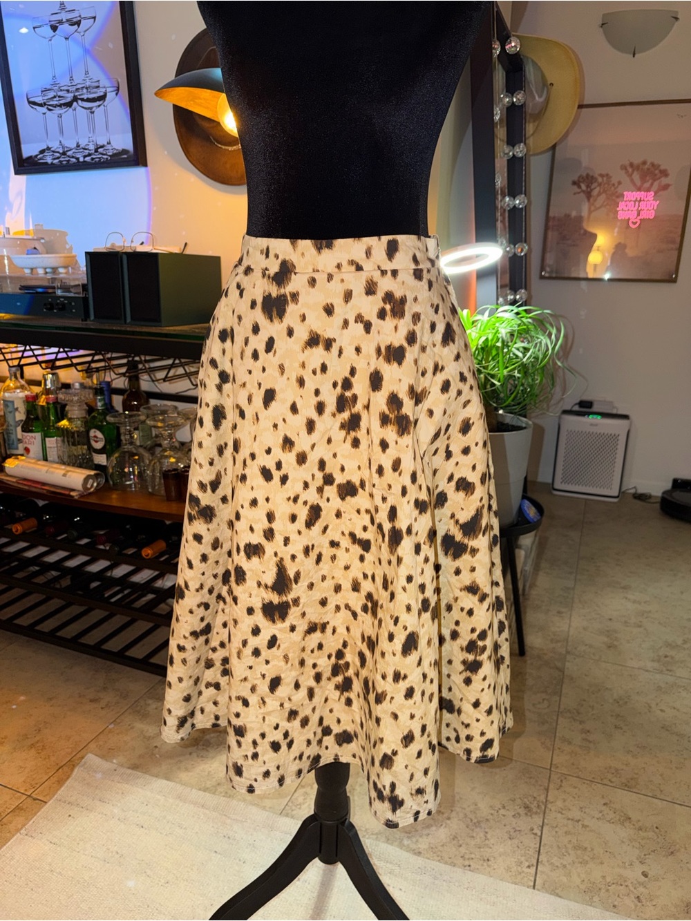 Tahari Beige and Black Leopard-Print Skater Skirt